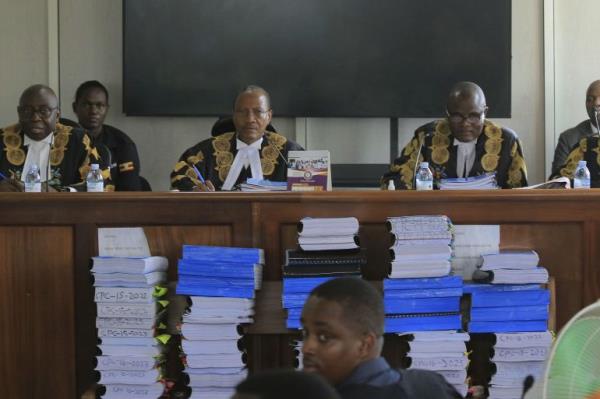 A view of the panel of five judges led by the country's deputy chief justice, Richard Buteera during the hearing of co<em></em>nsolidated petitions challenging the co<em></em>ntentious and co<em></em>ntroversial anti-homosexuality law, at the Co<em></em>nstitutional Court, in Kampala, on Dec. 18, 2023.