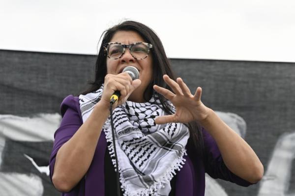WASHINGTON DC, UNITED STATES - OCTOBER 18: Palestinian descent US Co<em></em>ngresswoman Rashida Tlaib takes part in a demo<em></em>nstration organized with the attendance of multiple Jewish groups outside the Capitol Building in Washington DC, United States on October 18, 2023 to advocate for a halt in hostilities in Gaza. (Photo by Celal Gunes/Anadolu via Getty Images)